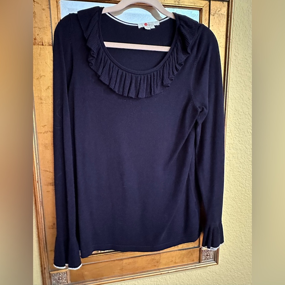 Boden Lavinia Blue Sweater Ruffle Collar Neck and Sleeves Thick Knit Size 10